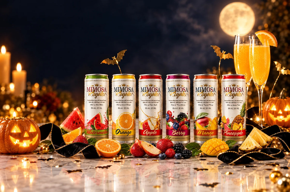 Mimosa Royale ready-to-drink mimosa cans in six flavors with fresh fruit